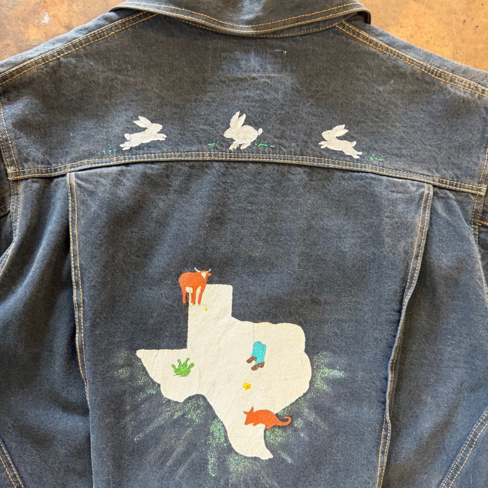 Vintage 90s Ginos Denim Jacket Painted Texas Graphic Animal Embroidery Medium - Picture 4 of 8